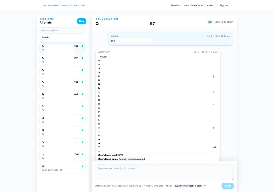 AI Support Investigation application showing a support session with an assistant investigation result